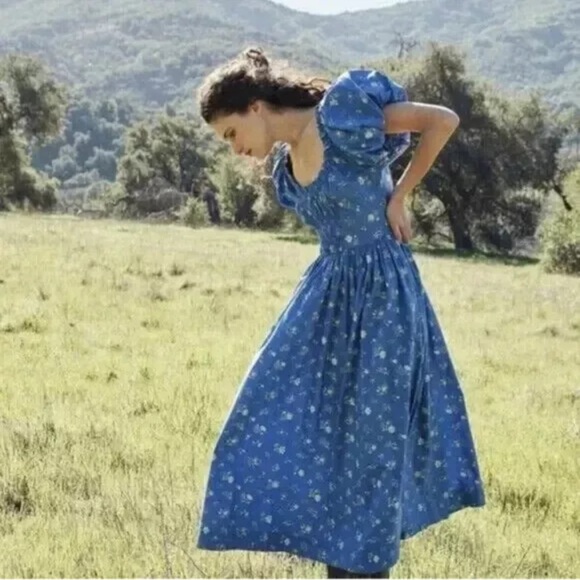 Doen Blue Floral Puff Sleeve Dress M - Picture 1 of 7